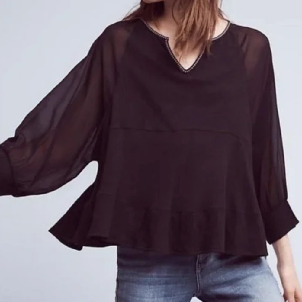 AKEMI + KIN M Romantic Babydoll Poet Fenn Dolman Sheer Sleeve Black Swing Blouse